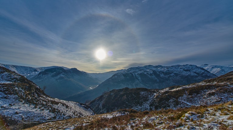 Winter sun halo over Langstrath Valley, North Lakes, Cumbria